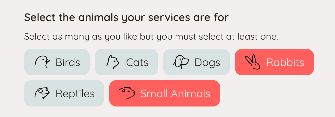 Choose the types of animals you provide services for